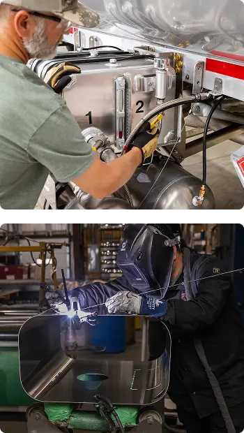 Two Alumitank workers performing industrial tasks: a technician inspecting metal tank components and a welder welding a metal fuel tank