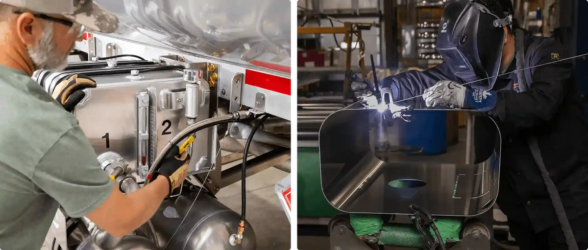 Two workers performing different tasks: one working on machinery and the other welding metal.