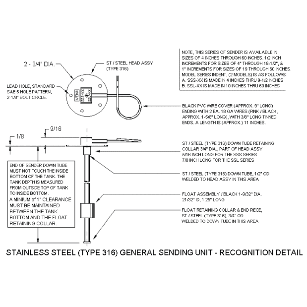  28″ Stainless Steel Fuel/Water Sending Unit - SAE 5-Hole, 316 Stainless Steel